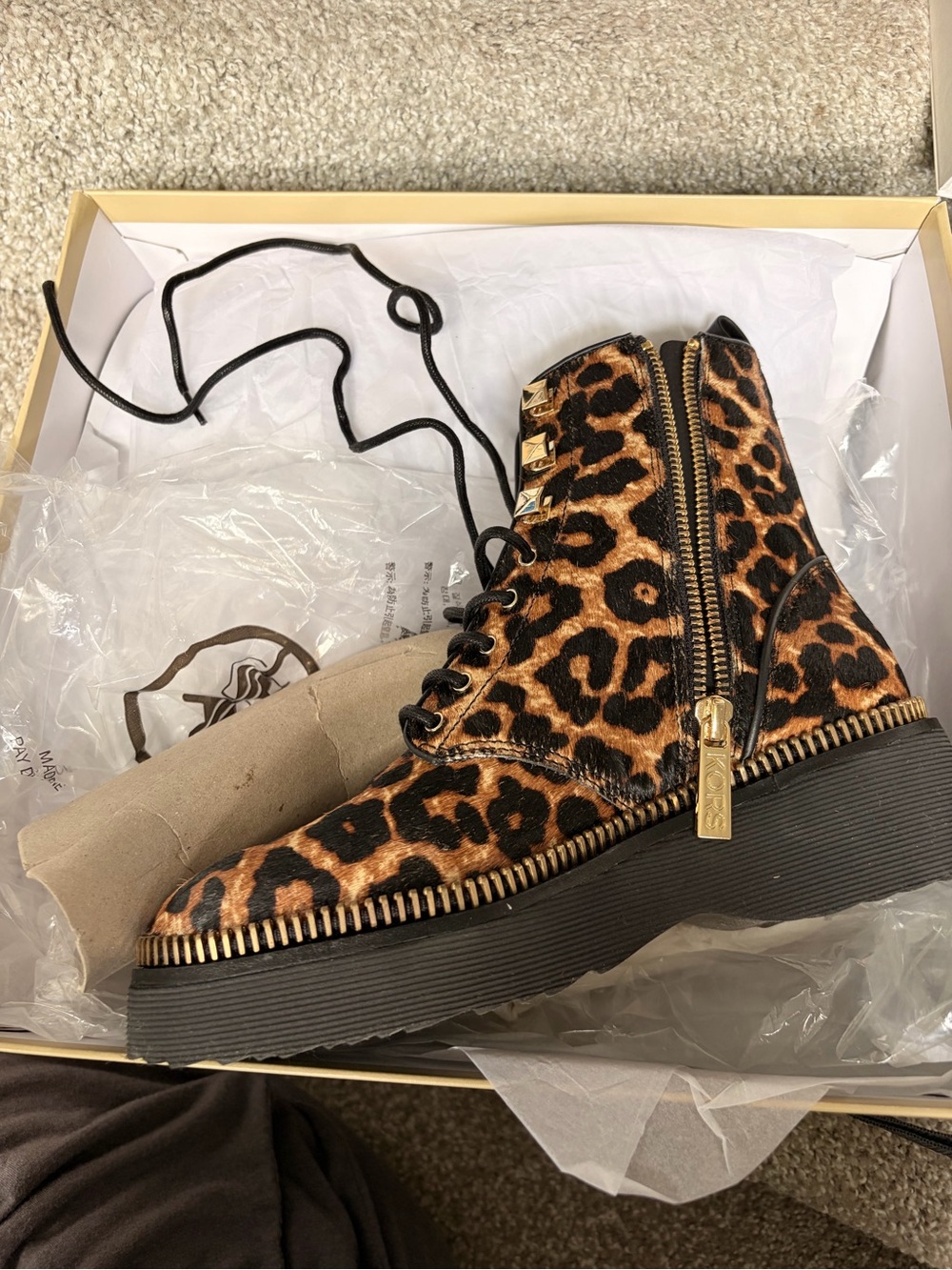 Michael Kors Leopard Print Platform Ankle Boots with Gold Zip